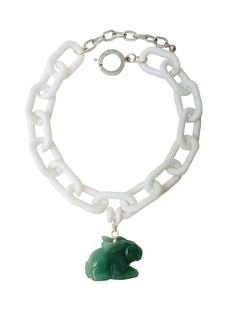 White acrylic chain link and natural Aventurine bunny pendant. The necklace measures 17/20IN/3OZ. You can wear it short at 17 inches or longer at 20 inches. Acrylic Chain Bracelet, Acrylic Chain Necklace, Streetwear Link Necklace With Adjustable Chain, Cheap Green Nickel-free Charm Necklaces, Unique Nickel-free Green Necklace, Space Necklace, Aventurine Necklace, Choker Collar Necklace, Original Necklace