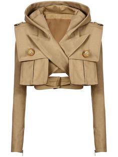 beige cotton gold-tone embossed buttons classic hood peak lapels V-neck crossover strap detail rear press-stud fastening long sleeves cuff zips two front box-pleat pockets cropped Hooded Blazer, Denim T Shirt, Polo Sweatshirt, Short Denim, Alternative Style, Mens Fall, Military Inspired, Stylish Outfit