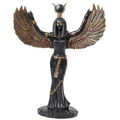 an egyptian figurine with gold accents and wings