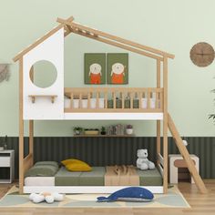 a child's bedroom with a bunk bed and green walls, wooden flooring