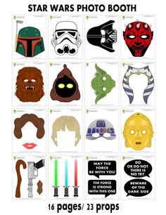 the star wars photo booth is shown with different masks and props for each person's face