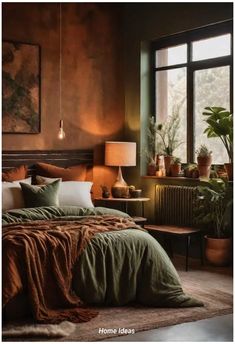 a large bed sitting next to a window with potted plants on top of it