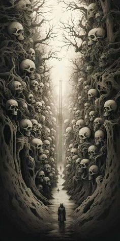 a man is standing in the middle of a tunnel with skulls all over it and there are