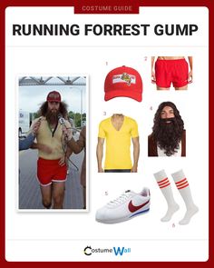 the costume guide for running forrest gump is shown in red and white, with an image