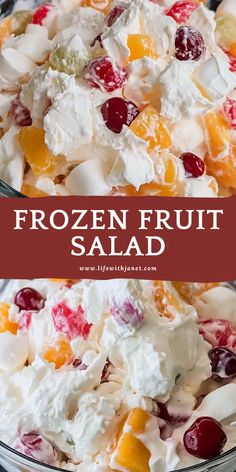 frozen fruit salad in a glass bowl with text overlay