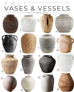 vases and vessels displayed in different sizes and colors with text overlay that reads, fall vases & vessels