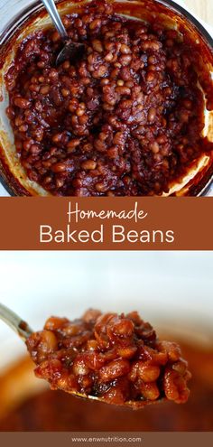 homemade baked beans in a bowl and spoon with text overlay that reads homemade baked beans