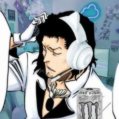 an anime character with headphones and a drink