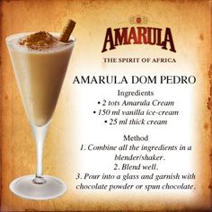 an advertisement for amarula dom pedro with information about the ingredients and how to use it