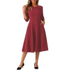 Women's Elegant Round Neck Work Midi dress The 3/4 sleeves and pleated round neck add a touch of elegance to this A-line swing midi dress. Designed with comfort in mind, it allows for ease of movement while maintaining a polished look. Perfect for important meetings or a day at the office, this dress effortlessly combines style and professionalism. Elevate your work attire with this versatile and chic piece that will make you feel confident and empowered throughout the day. Color: Black.  Gender Half Sleeve Midi Dress For Formal Occasions, Elegant Solid Color Half Sleeve Midi Dress, Pleated 3/4 Sleeve Dresses For Workwear, Half Sleeve Pleated Dress For Work, Pleated Dress With 3/4 Sleeve For Work, Half Sleeve Pleated Workwear Dress, Elegant Red Midi Dress With 3/4 Sleeves, Half Sleeve Pleated Work Dress, Pleated Workwear Dress With 3/4 Sleeve