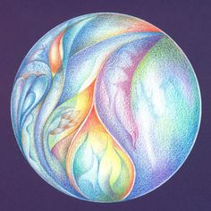 a drawing of an abstract ball with colored lines and swirls in the center on a purple background