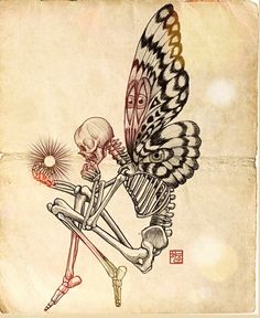 a drawing of a skeleton with a butterfly on it's back, holding a flower