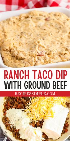 ranch taco dip with ground beef and cheese in a casserole dish on a checkered table cloth