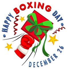 a red boxing glove with a green bow on it and stars around the words happy boxing day