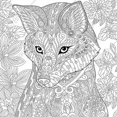 an adult coloring book with a fox in the middle and lots of flowers around it