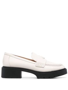 chalk white calf leather logo lettering almond toe branded leather insole low block heel Classic Coach Loafers With Leather Sole, Coach Leather Loafers With Round Toe, Classic Platform Loafers With Contrast Sole For Office, White Platform Loafers With Lug Sole For Work, White Platform Loafers With Lug Sole For Spring, Coach Classic Slip-on Loafers, Classic Coach Slip-on Loafers, Classic Coach Loafers For Work, White Casual Loafers With Lug Sole