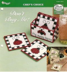 an advertisement for cross stitch coasters with ladybug designs on the front and side