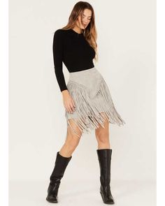 Wonderwest Womens Suede Fringe Mini Skirt, Grey Mini Skirt Winter, Fringe Mini Skirt, Skirt Winter, Boot Barn, Skirts With Boots, Frill Dress, Fringe Skirt, Suede Fringe, Todays Outfit