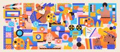 an abstract painting with people and animals on it's face, surrounded by colorful shapes