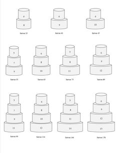 several different types of wedding cakes with numbers on each tier and the same number in each tier