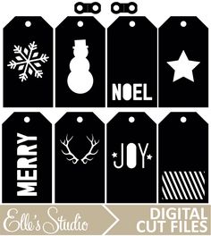 black and white christmas gift tags with snowman, star, reindeer, deer, pine tree