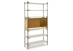 a white and gold shelving unit with three shelves