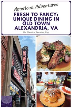 the front cover of an american adventures restaurant with pictures of food and drinks on it