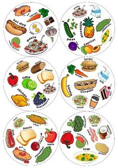 four plates with different types of food on them, each containing an individual's own name