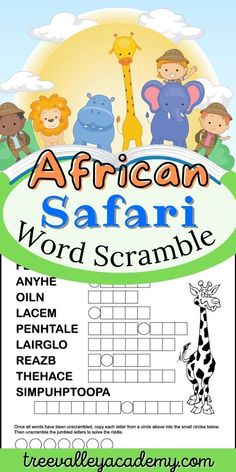 the african safari word scramble is shown with animals and giraffes on it