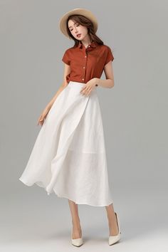 "Made from luxurious linen fabric, this skirt boasts a sophisticated wrap silhouette that adds a touch of elegance to any outfit. The crisp white color exudes freshness and versatility, making it ideal for both daytime and evening wear. Whether paired with a simple tee for a relaxed look or a blouse for a more polished ensemble, this skirt is sure to become a go-to piece in your closet. DETAIL * 100% Linen * Two pockets * Back elastic waist * Wrap linen skirt * Mid-calf Length * A Line skirt, Mi Closet Detail, Custom Skirt, Linen Wrap Skirt, Long Linen Skirt, White Linen Skirt, Linen Midi Skirt, Skirt Linen, White Long Skirt, White Midi Skirt