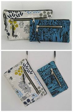 three zippered pouches with different designs on them, one is blue and the other has