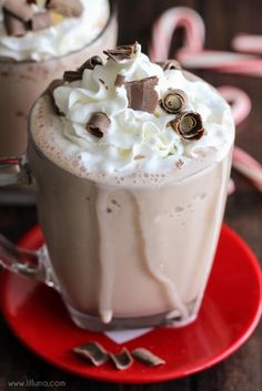 two hot chocolate drinks with whipped cream and candy canes on the side, sitting on a red saucer