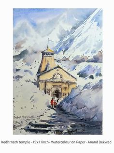 a watercolor painting of a church in the mountains with people walking up and down it