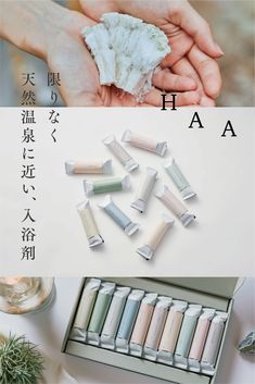 an assortment of different types of toothpaste on display with japanese characters in the background