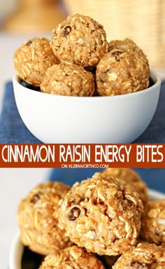 cinnamon raisin energy bites in a white bowl on a blue tablecloth with text overlay