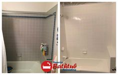 before and after photos of a bathroom remodel with white tile on the walls