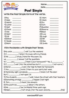 printable worksheet for the past simple tense with pictures and words on it