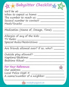 the babysitter checklist is filled with information for their child's birth