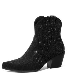 a woman's black boot with sequins on the side and heeled