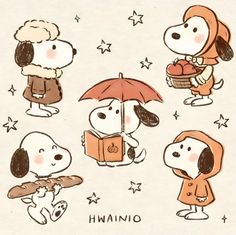 a drawing of peanuts holding an umbrella with other characters around it and the words, i love you