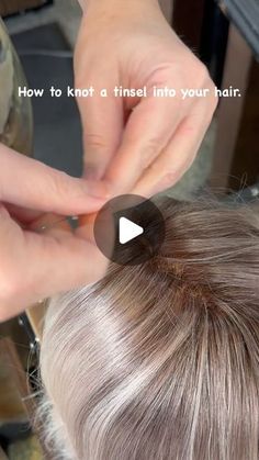 Sparkle Strands In Hair, How To Do Tinsel In Hair, How To Tie Hair Tinsel In Hair, Hair Tinsel Slip Knot, Tinsels In Brown Hair, Braid Thread In Hair, How Do You Put Tinsel In Your Hair, How To Put Tensile In Your Hair, Braiding Tinsel Into Hair