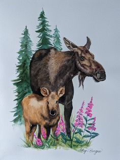 a moose and its baby are standing in the grass