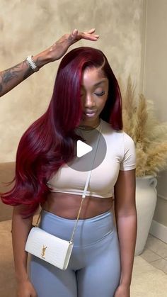 Red Highlights On Burgundy Hair, Two Toned Red Hair Black Women, Red Hair Color For Black Women, Deep Red Wig Black Women, Red Birthday Hairstyles For Black Women, Wine Color Hair Black Women, Hairstyles For Black Women Braids Color, Curly Birthday Hair, Wigs Black Women Color