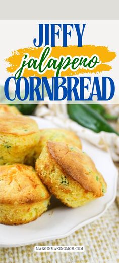 cornbread muffins on a white plate with the title overlay that reads, jeffy falapeno cornbread