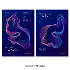 two posters for music waves with colorful lines on the front and back of each poster