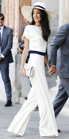 Amal-Clooney's-Best-Looks Amal Alamuddin, Stylish Couple, Jumpsuit Outfit, Looks Street Style, Moda Vintage, Wide Brimmed Hats