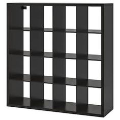 a black bookcase with six shelves on each side