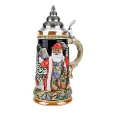 a beer mug with an image of santa claus on it's front and sides