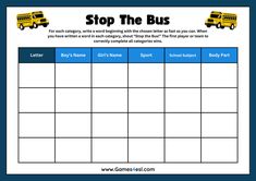 Free printable Stop The Bus game worksheet with different categories. A fun and interactive learning activity for kids!