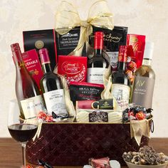 a wine and chocolate gift basket